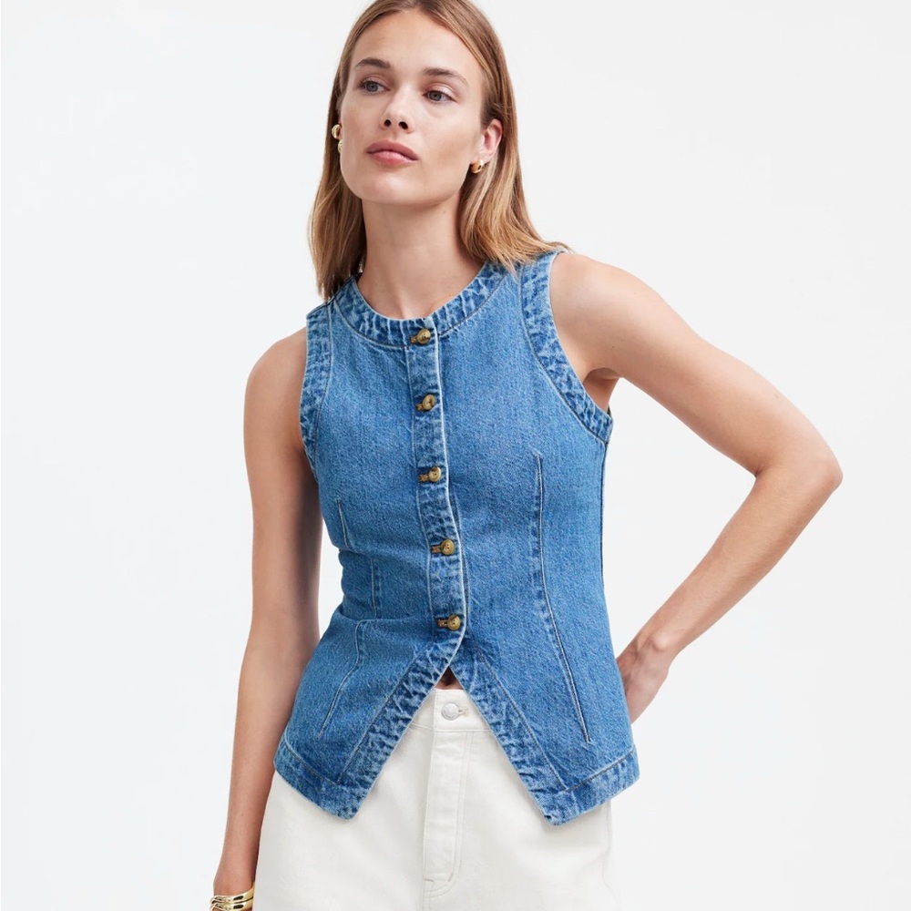 Madewell denim crewneck vest in Java wash, size 6, NWT
